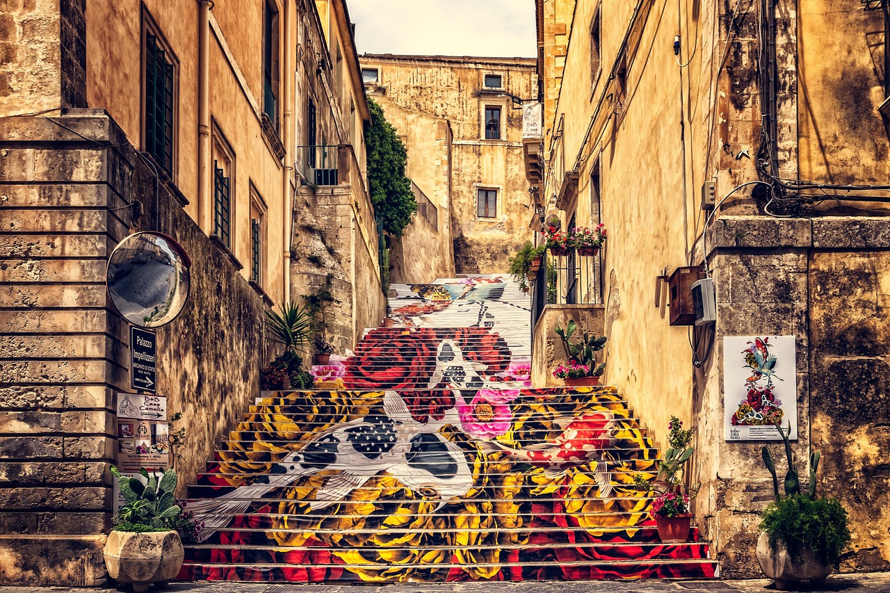 sicily, noto, historic center, italy, street art, alley, architecture, house facades, stairs, graffiti, multicoloured, art, carp, koi carp, fantasy, city, idyll, houses, old, quaint, idyllic, painting, sicily, sicily, sicily, sicily, sicily