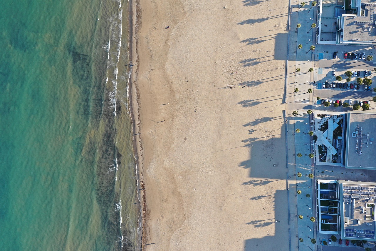 beach, sand, aerial, drone, nature, villa, ocean, sea, waves, summer, aerial photography